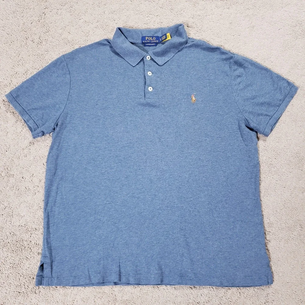Ralph Lauren Mens Large Custom Slim Fit Polo Shirt Blue Heather Flesh Pony